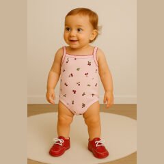 Pembe Kiraz Desenli Askılı Bebek Zıbın