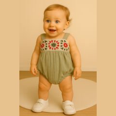 Yeşil Bohem Askılı Bebek Tulum